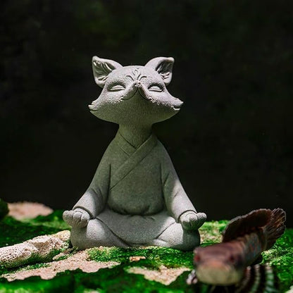 livelyfish Meditating Fox Buddha Statue Aquarium Zen Yoga Animal Figurines Sandstone Sculpture for Fish Tank Garden Tabletop Decor, L1