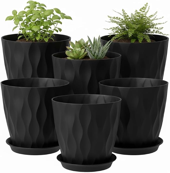 Plant Pots 8 Inch, 6 Pack Plastic Flower Pots for Indoor & Outdoor Plants, Planters with Drainage Holes and Saucer, Garden Pot for Plants(Black)
