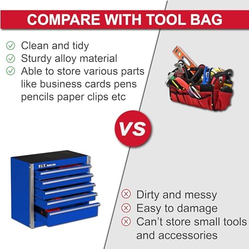 P.I.T. Mini Steel Tool Box,3 Drawer and 5 Drawer Stackable Toolbox with Magnetic Tab Locking,Blue