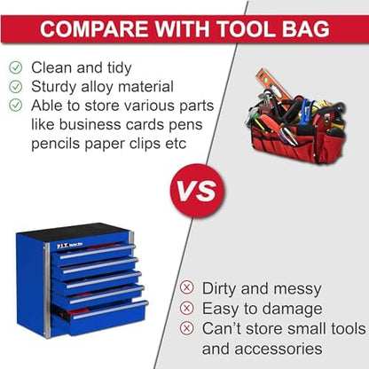 P.I.T. Mini Steel Tool Box,3 Drawer and 5 Drawer Stackable Toolbox with Magnetic Tab Locking,Blue