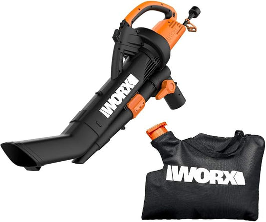 WORX WG509 12 Amp TRIVAC 3-in-1 Electric Leaf Blower with All Metal Mulching System & WA0030 Landscaping 26-Gallon Collapsible Yard Waste Bag/Leaf Bin