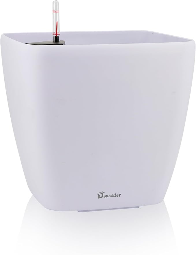 Dexceder 13x12 Self Watering Planter with Wheels (White Matte) | Inner Mat Design, Thickened Large Floor Standing Flower Plant Pot with Water Level Indicator Indoor Outdoor