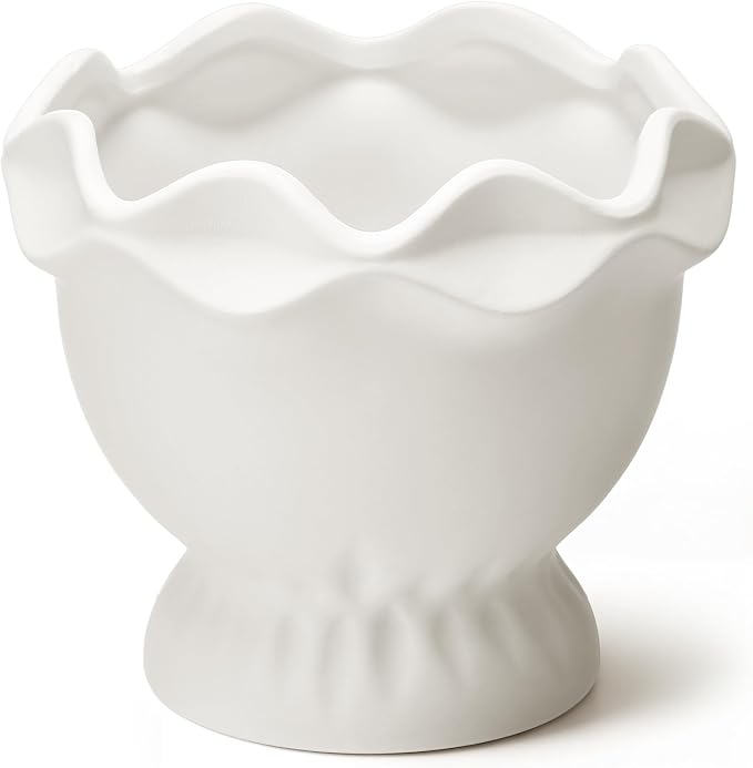1 Pack White Ceramic Plant Pots Small Rustic Decorative Planter Home Decor Scalloped Modern Flower Planter for Farmhouse Outdoor Garden Indoor Home Decor (6.3in, Novel)