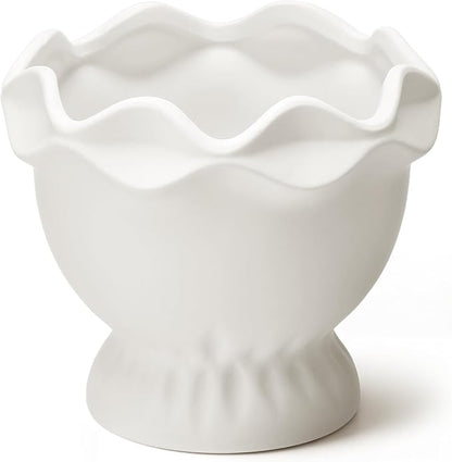 1 Pack White Ceramic Plant Pots Small Rustic Decorative Planter Home Decor Scalloped Modern Flower Planter for Farmhouse Outdoor Garden Indoor Home Decor (6.3in, Novel)