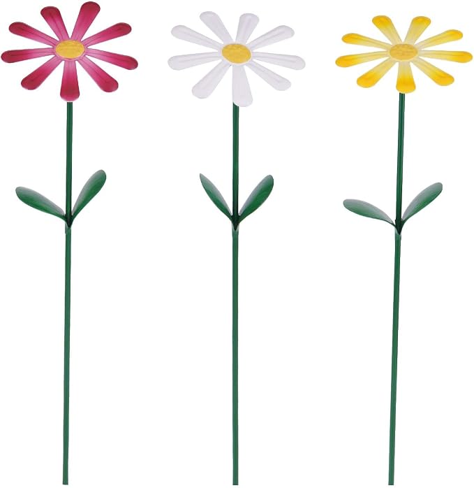 Topadorn Set of 3 Metal Daisy Garden Stakes, Decorative Flower Garden Stakes for Planters, Flower Beds, Lawn & Patio, 14.5 Inch