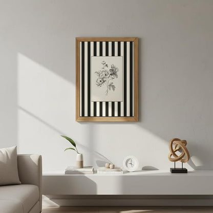 Black and White Floral Wall Art Framed Canvas,Vintage Botanical Sketch Print, Minimalist Striped Modern Farmhouse Wall Decor for Living Room Bedroom Bathroom Kitchen 8x10inch