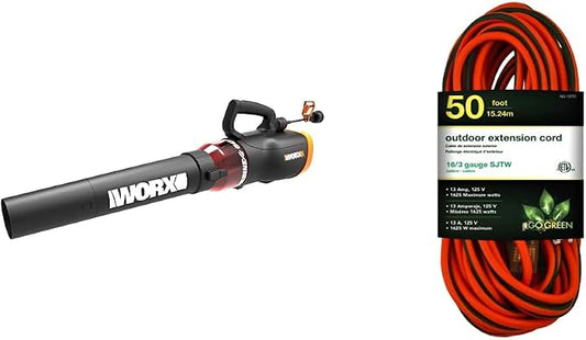 WORX WG520 12 Amp TURBINE 600 Electric Leaf Blower and GoGreen Power GG-13750 16/3 50’ SJTW Outdoor Extension Cord, Lighted End, 50 Ft