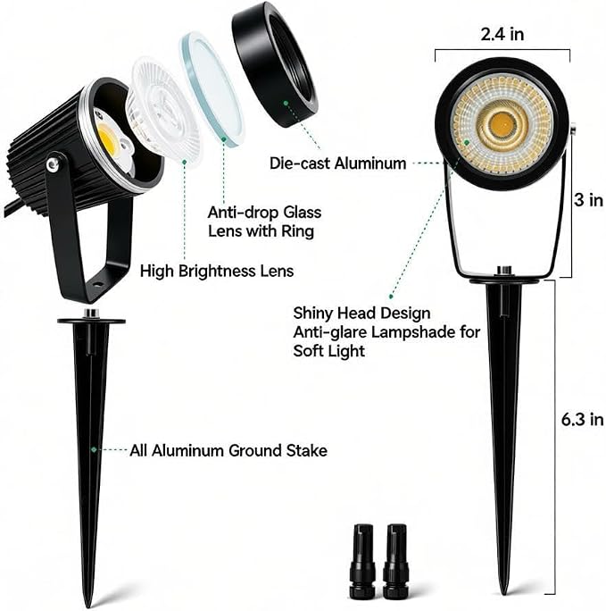 Low Voltage Landscape Spotlights, 12V LED Outdoor Spot Lights, Up Lighting Wired for Yard Garden Pathway Tree, 10W Aluminum Landscape Path Lights with Connectors, IP66 Waterproof & 4000K, 10 Pack