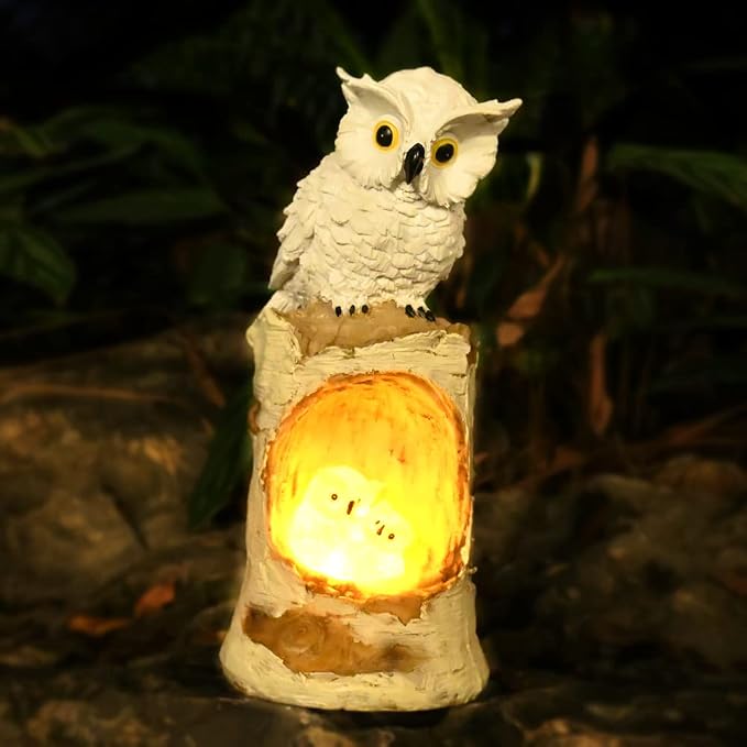 Solar Powered Owl Garden Decor Outdoor Statues Led Porch Backyard Figurine Light Great Horn White Sculpture for Lawn Ornament Patio Decorations Waterproof
