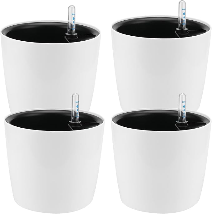 4 Pack 7 Inch Self Watering Planter for Indoor Plants, White Decorative Round Plastic Self Watering Pots with Level Indicators for Soil Planting, Flowers, Herb, African Violet, Succulent