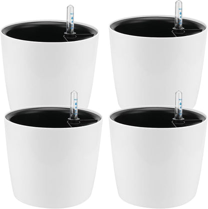 4 Pack 7 Inch Self Watering Planter for Indoor Plants, White Decorative Round Plastic Self Watering Pots with Level Indicators for Soil Planting, Flowers, Herb, African Violet, Succulent