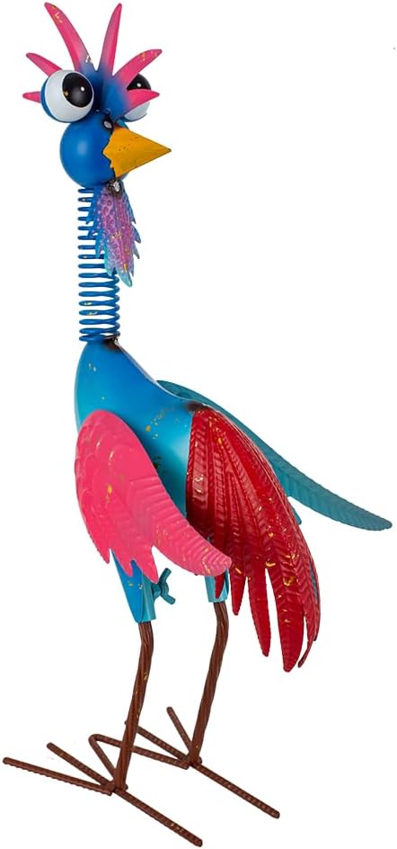Metal Wacky Rooster Garden Statue for, Patio, Backyard, Lawn | 18'' Rooster Decor, Yard Statue Decorations Outdoor, Chicken Yard Art, Blue & Pink