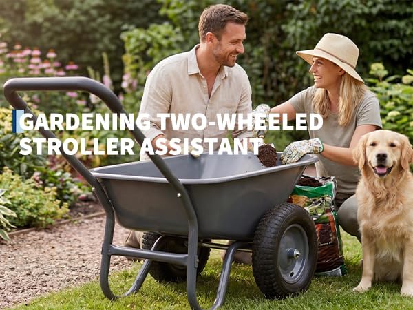 Garden Wheelbarrow Cart, Heavy Duty Utility Cart with Dual Wheels and Built-in Stand, Iron and Plastic Yard Cart for Home, Lawn and Garden