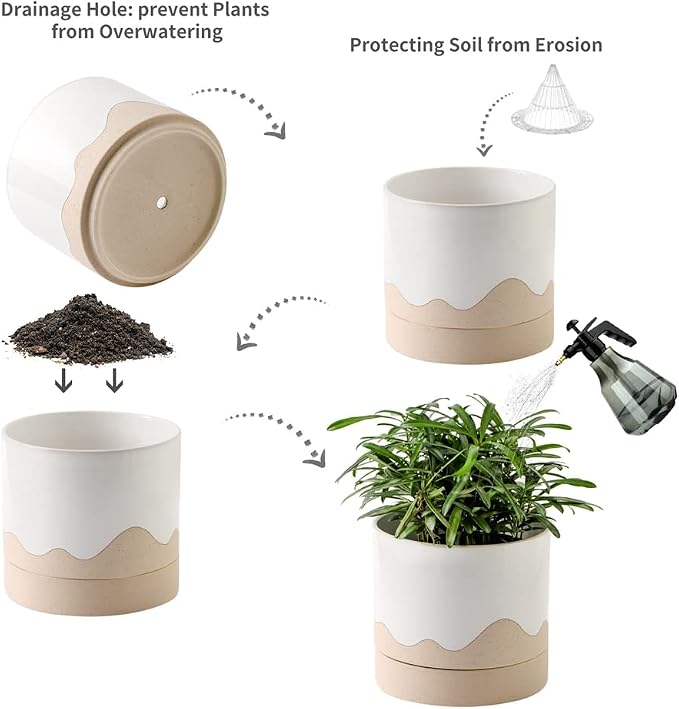 Nihow Ceramic Plant Pot,6 Inch Planter with Drainage Hole&Saucer for Indoor | White & Nature,Indoor & Outdoor, Cylinder Round Flower Pot, For Succulent/Herbs/Violets