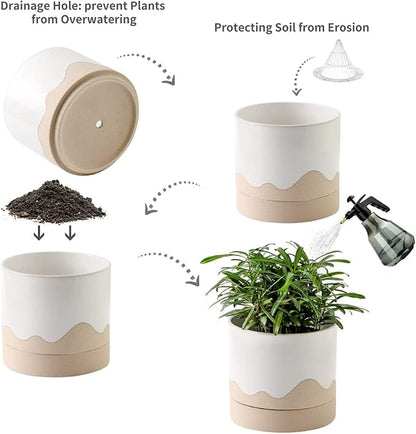 Nihow Ceramic Plant Pot,6 Inch Planter with Drainage Hole&Saucer for Indoor | White & Nature,Indoor & Outdoor, Cylinder Round Flower Pot, For Succulent/Herbs/Violets