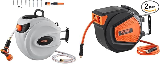 VEVOR Retractable Hose Reel, 100 ft x 1/2 inch, Garden Water Hose Reel with 9-Pattern Nozzle & Retractable Air Hose Reel, 3/8 IN x 50 FT Hybrid Air Hose Max 300PSI