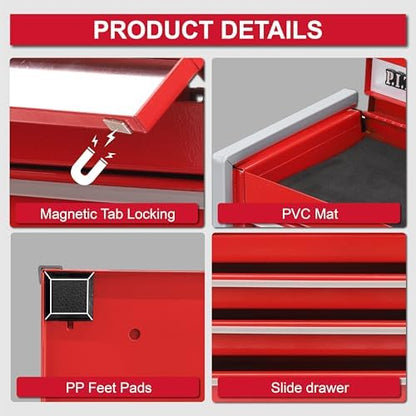 P.I.T. Mini Steel Tool Box,3 Drawer and 5 Drawer Stackable Toolbox with Magnetic Tab Locking,Red