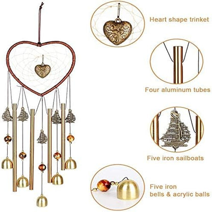 Unique Sweet Heart Dream Catcher Wind Chimes Brass Bell for Outdoor Garden Home Hanging Decoration…