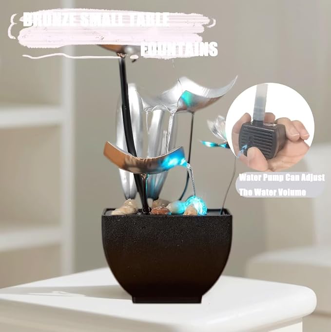 Tabletop Fountain Fountain Water Feature for Zen Home Decor: Deep Basin & Natural River Rocks - Zen Relaxation for Office, Living Room Silver