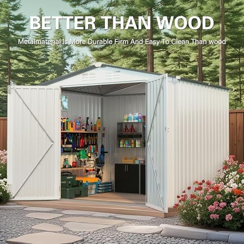 YOPTO Sheds & Outdoor Storage 6X8 FT,Metal Waterproof Tool Sheds with Side Window and Lockable Door,Backyard Buildings House W/Pitched Roof & Vents,for Garden,Lawn,Garbage Enclosure,White+Gray