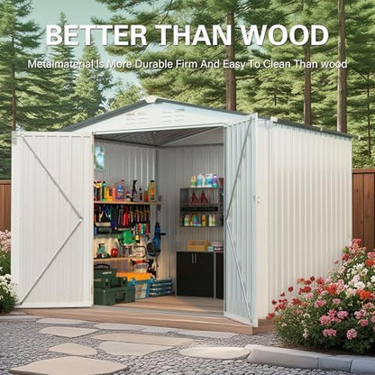 YOPTO Sheds & Outdoor Storage 6X8 FT,Metal Waterproof Tool Sheds with Side Window and Lockable Door,Backyard Buildings House W/Pitched Roof & Vents,for Garden,Lawn,Garbage Enclosure,White+Gray