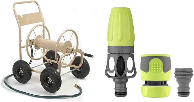 Liberty Garden 870-M1-2 Industrial 4-Wheel Garden Hose Reel Cart, Holds 300-Feet of 5/8-Inch Hose - Tan & Flexzilla Garden Hose Nozzle Kit, 3-Piece - HFZGAK01