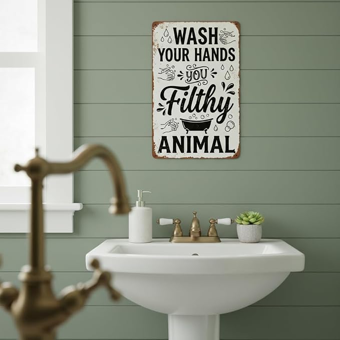 Funny Bathroom Wall Decor Metal Sign - Wash Your Hands You Filthy Animal, Humor Quote Gifts for Guest Bath & Office Restroom 8x12 Inches