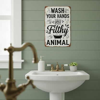 Funny Bathroom Wall Decor Metal Sign - Wash Your Hands You Filthy Animal, Humor Quote Gifts for Guest Bath & Office Restroom 8x12 Inches