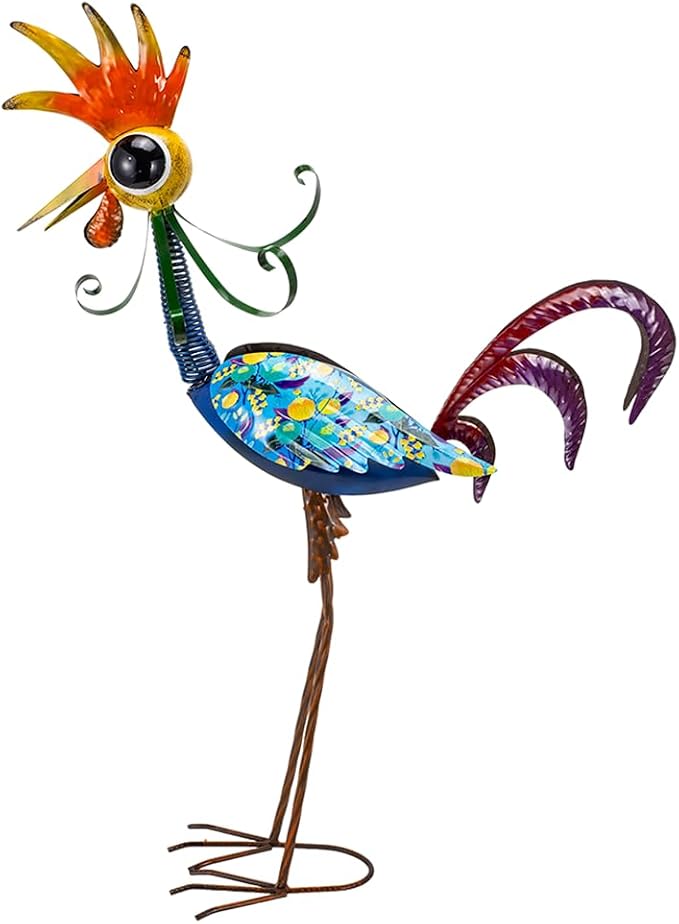 31.5'' Wacky Rooster Garden Statue for Outside, Patio, Backyard, Lawn | Metal Rooster Decor Yard Statue Decorations, Waterproof Chicken Yard Art, Royal Blue