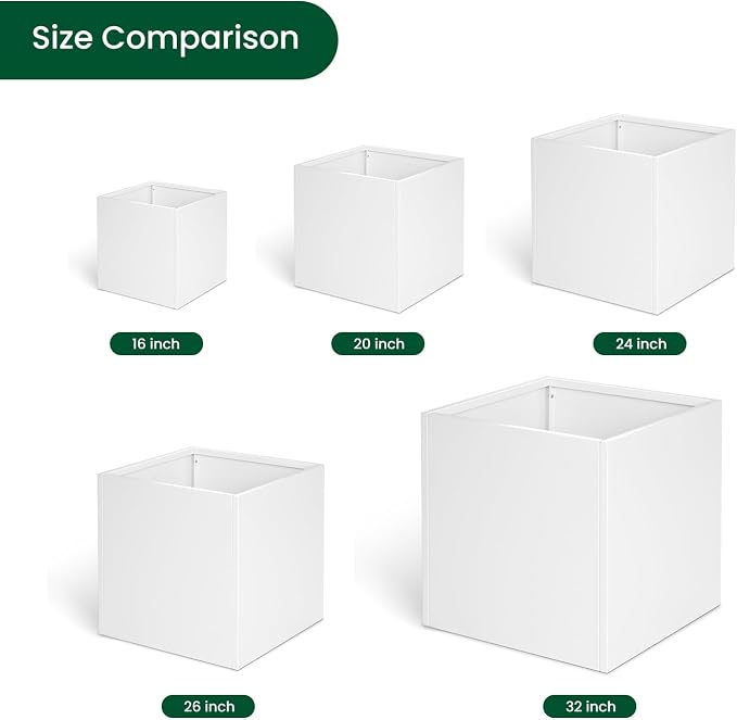 White Steel Planter 24 Inch Square Outdoor Planters Galvanized Steel Planter Box Indoor Metal Large Planters Cube Heavy Duty Planter Modern Commercial Residential for Plants Trees Patio Yard Garden