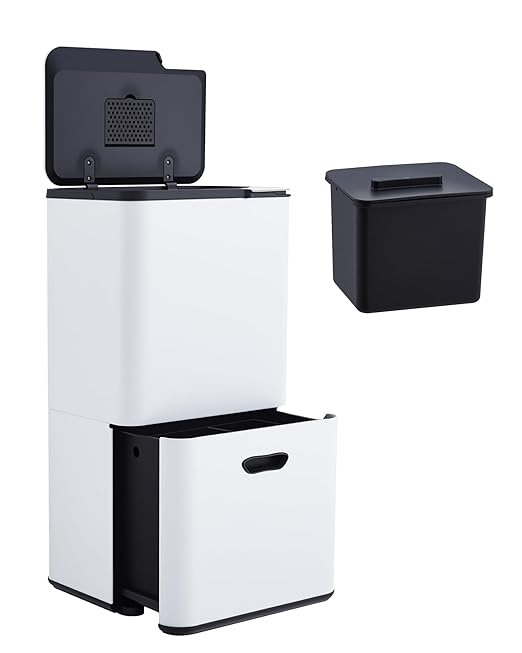 GarveeHome 16 Gallon Dual Trash Can for Kitchen, 2 Compartment Stainless Steel Garbage Can, 33L+28L Kitchen Recycling Bin with Compost Caddy, Removable Inner Bucket & Odor Control, White