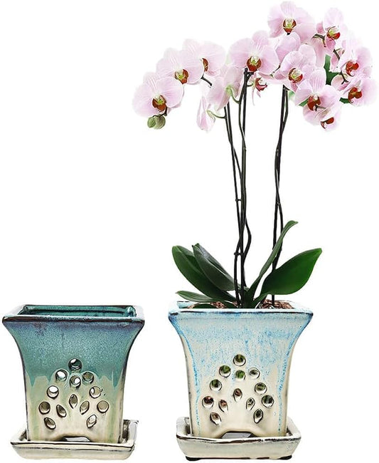 Ceramic Orchid Pots with Holes attached Saucers 4.8 Inches - Set of 2 Small Square Orchid Pots for Repotting, Decorative Ceramic Orchid Planter with Hole for Healthy Root Growth Green Blue Mixed