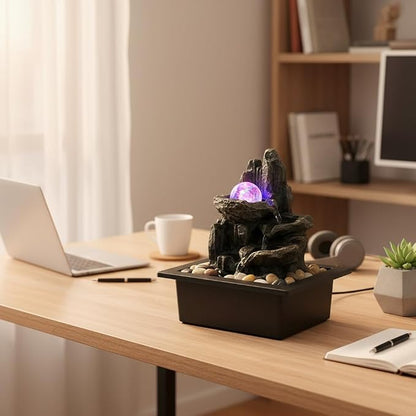 Indoor Tabletop Water Fountain Rotating Ball Rock Waterfall Fountain with Colorful Lights and Natural River Rocks, Zen Meditation for Home Office Decor (A)
