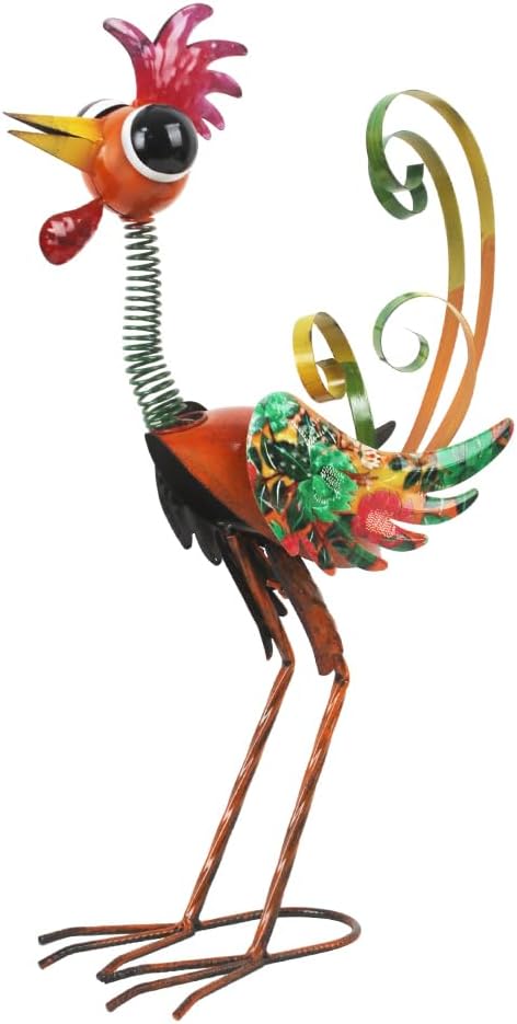 24'' Wacky Rooster Garden Statue for Outside, Patio, Backyard, Lawn | Metal Rooster Decor Yard Statue Decorations, Waterproof Chicken Yard Art, Red