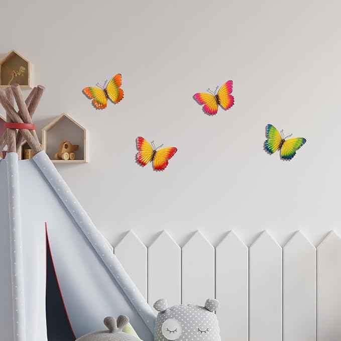 dreamskip 4 Pcs Metal Butterfly Wall Decor Art, Colorful Metal Butterflies Outdoor Wall Art, Hand-Crafted Outdoor Wall Decor For Yard, Garden, Fence, Patio, Living Room, Bedroom Decoration