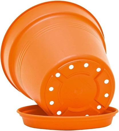 Mintra Garden Pots, 4 Pack Bulk Plastic Plant Pots with Drainage Tray, Round Indoor & Outdoor Decorative Planters with Drain Holes for Flowers, Herbs & Plants, 15cm Diameter – Orange, 5.9 in