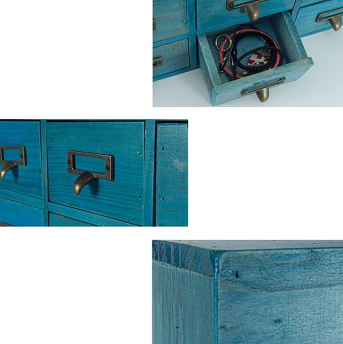 Apothecary Drawers Apothecary Cabinet with Drawers, Blue | 16 Drawer Library Card Catalog, Wooden Storage Box, Wooden Desktop Organizer with Metal Handles-Fulled Assembled