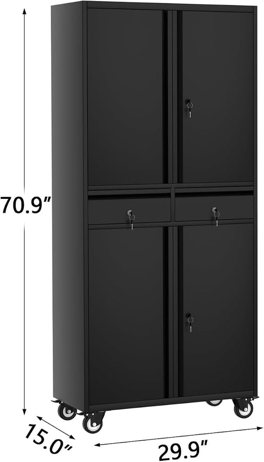 GarveeHome 72" Metal Storage Cabinet with Wheels, Locking Doors & 2 Drawers,Heavy Duty Rolling Garage Organizer with 2 Adjustable Shelves (with Wheels, with 2 Draws)