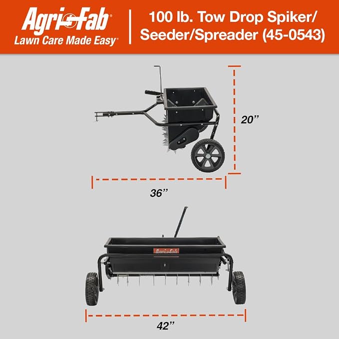 Agri-Fab Tow Behind Spiker Seeder Drop Spreader for Seed, Fertilizer, Salt and Ice Melt, 100 lb Capacity with 32 In Working Width