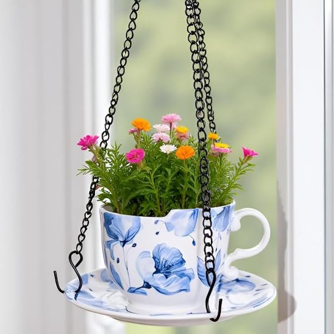 TEATALK Hanging Planters for Indoor Plants, Ceramic Pots with Drainage Hole, 6.3 Inch Hanging Planter with Chain, Outdoor Hanging Baskets for Plants, Blue Flowers, Cup Shape