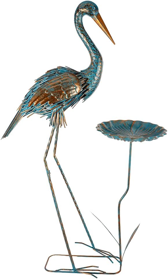Metal Crane Garden Statue for Outside with Leaf Tray | Large Heron Outdoor Statues, Elegant Crane Yard Art Garden Decor for Garden Yard, Porch