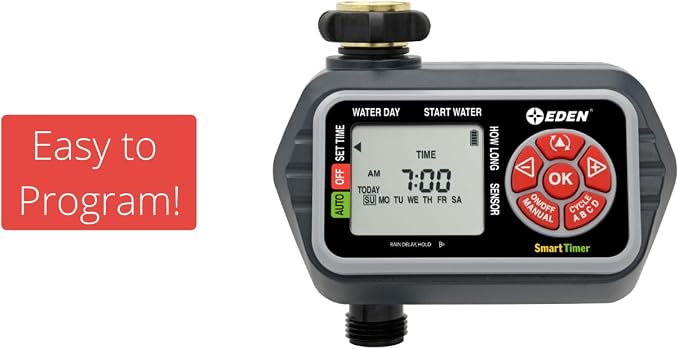 Eden 93411 1-Zone Digital Water Timer with LCD Display - Programmable Sprinkler System Manual Watering Rain Delay and Moisture Sensor Compatibility