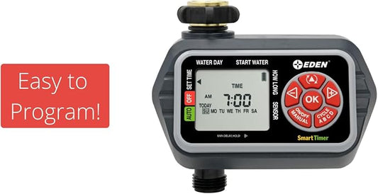 Eden 93411 1-Zone Digital Water Timer with LCD Display - Programmable Sprinkler System Manual Watering Rain Delay and Moisture Sensor Compatibility