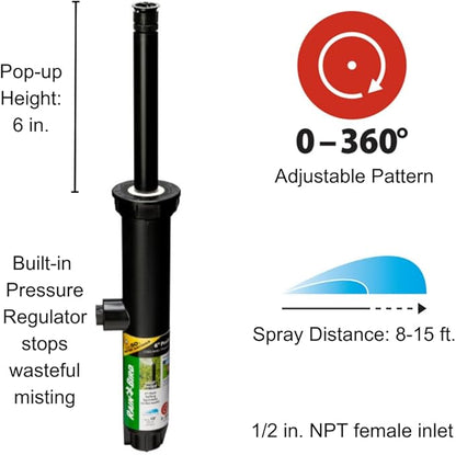 Rain Bird 1806APPRS Pressure Regulating (PRS) Professional Pop-Up Sprinkler, Adjustable 0° - 360° Pattern, 8' - 15' Spray Distance, 6" Pop-up Height