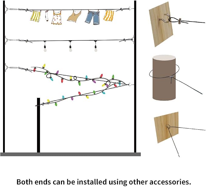 YQL Outdoor Lights Hanging Kit,Globe String Lights Suspension Kit,164ft Black Vinyl-Coated 304 Stainless Steel Cable,String Light Guide Wire,Hook & Eye Turnbuckle Wire Rope Tension | Heavy Duty 164ft Black Vinyl Coated Suspension Kit with Turnbuckle Te...