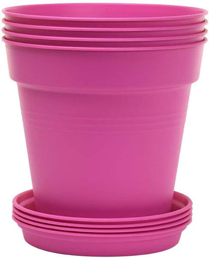 Mintra Garden Pots, 4 Pack Bulk Plastic Plant Pots with Drainage Tray, Round Indoor & Outdoor Decorative Planters with Drain Holes for Flowers, Herbs & Plants, 13cm Diameter – Fuchsia, 5 in