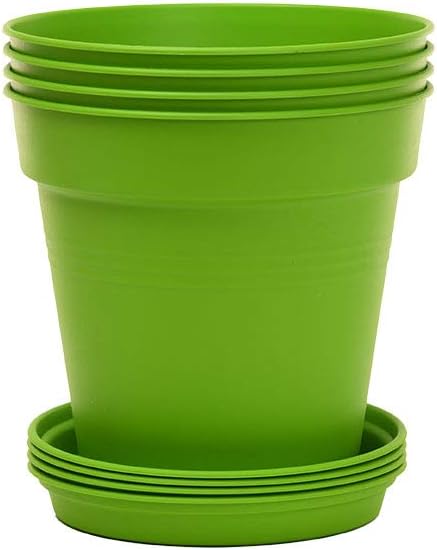 Mintra Garden Pots, 4 Pack Bulk Plastic Plant Pots with Drainage Tray, Round Indoor & Outdoor Decorative Planters with Drain Holes for Flowers, Herbs & Plants, 11cm Diameter – Light Green, 4.3 in