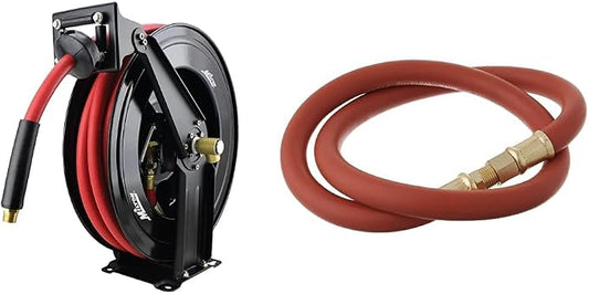 Milton 2780-50D - Steel Dual Arm Auto-Retractable Air Hose Reel, 1/2" x 50 ft. Rubber Hose - 300 Max PSI & 2760-3LH Air Leader Hose, 3/8" x 3 ft. Rubber Hose - 1/4" NPT Brass Ends - 300 Max PSI