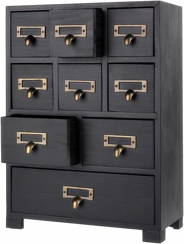 Apothecary Drawers Apothecary Cabinet with Drawers, Black | 9 Drawer Library Card Catalog, Wooden Storage Box, Wooden Desktop Organizer with Metal Handles-Fulled Assembled