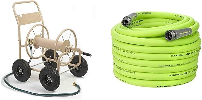 Liberty Garden Industrial Hose Reel Cart and Flexzilla Garden Hose Bundle | Holds 300ft Hose